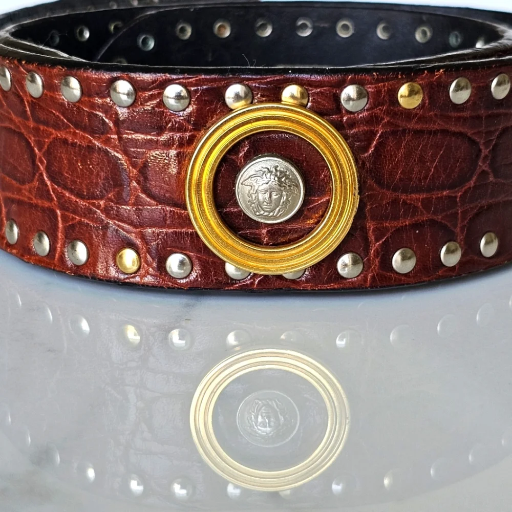 ✨ Vintage Gianni Versace Medusa Studded Leather Belt Brown Croc, Gold & Silver